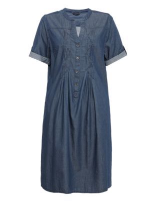 Pure Cotton Pleated Front A Line Dress - style: tunic; fit: loose; pattern: plain; bust detail: ruching/gathering/draping/layers/pintuck pleats at bust; predominant colour: denim; occasions: casual; length: just above the knee; neckline: collarstand & mandarin with v-neck; fibres: cotton - 100%; sleeve length: short sleeve; sleeve style: standard; texture group: denim; pattern type: fabric; season: a/w 2013