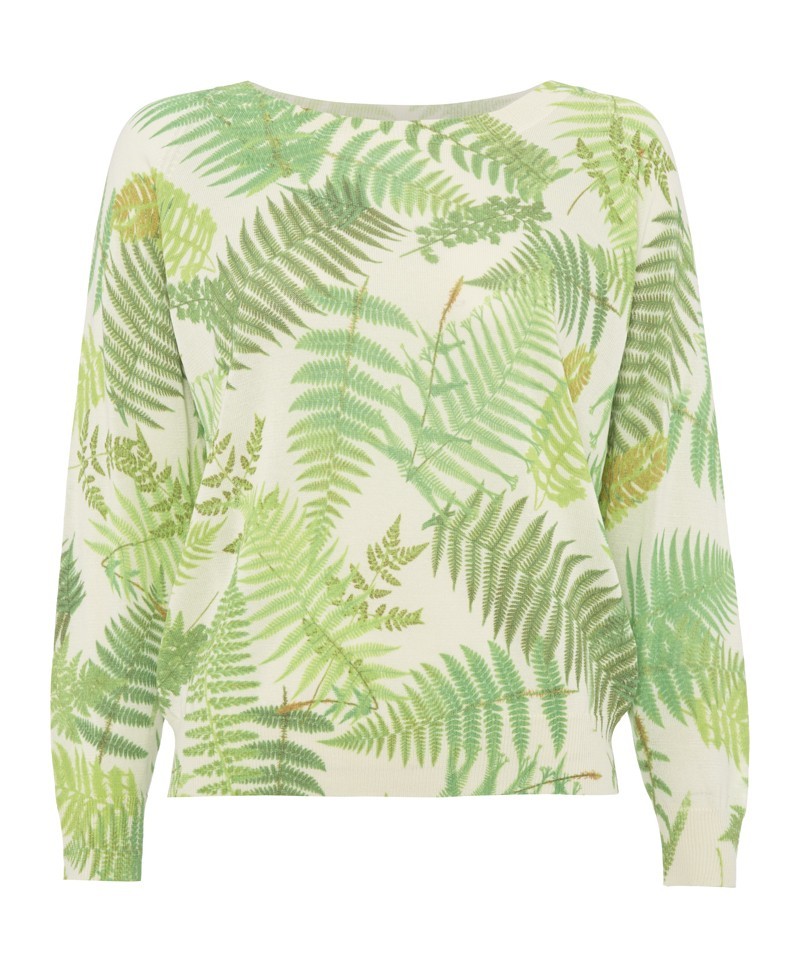Floresta Fern Print Fine Knit Sweater - neckline: slash/boat neckline; style: standard; predominant colour: ivory/cream; secondary colour: pistachio; occasions: casual; length: standard; fibres: cotton - 100%; fit: standard fit; sleeve length: long sleeve; sleeve style: standard; texture group: knits/crochet; pattern type: knitted - other; pattern: patterned/print; trends: playful prints; season: a/w 2013; pattern size: big & busy (top)