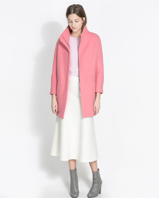 BouclÉ Coat - pattern: plain; collar: funnel; style: single breasted; length: mid thigh; predominant colour: pink; occasions: casual, evening, work, creative work; fit: straight cut (boxy); fibres: wool - mix; sleeve length: long sleeve; sleeve style: standard; collar break: high/illusion of break when open; pattern type: fabric; texture group: woven bulky/heavy; trends: oversized structure; season: a/w 2013