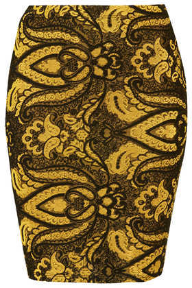 Tall Gold Paisley Skirt - style: pencil; fit: tight; waist: mid/regular rise; predominant colour: mustard; secondary colour: chocolate brown; occasions: casual, evening, creative work; length: just above the knee; fibres: polyester/polyamide - stretch; texture group: jersey - clingy; pattern: patterned/print; season: a/w 2013; pattern size: standard (bottom)