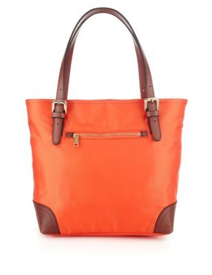 Double Handle Small Tote Bag - predominant colour: bright orange; secondary colour: tan; occasions: casual; type of pattern: standard; style: tote; length: shoulder (tucks under arm); size: standard; material: fabric; embellishment: zips; finish: plain; pattern: colourblock; season: s/s 2014