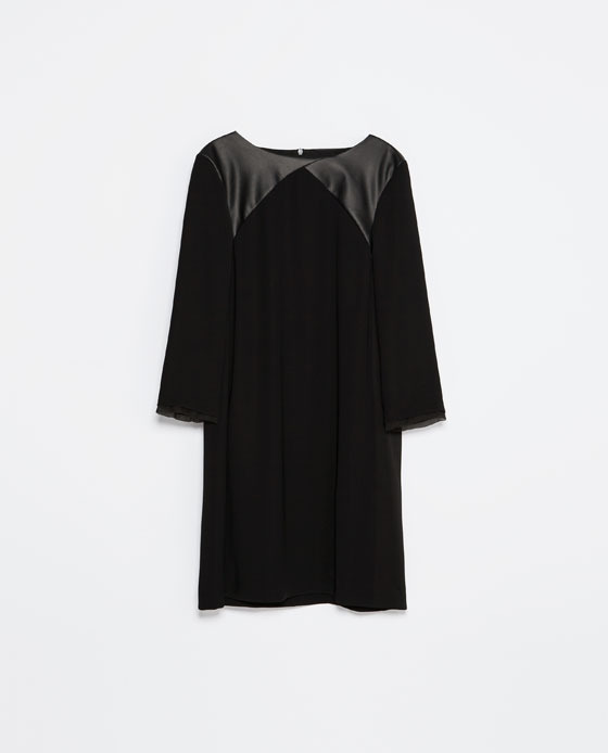 Faux Leather Combination Tunic Dress - style: a-line; length: mid thigh; neckline: round neck; fit: loose; pattern: plain; shoulder detail: contrast pattern/fabric at shoulder; predominant colour: black; occasions: evening, creative work; fibres: polyester/polyamide - 100%; sleeve length: 3/4 length; sleeve style: standard; pattern type: fabric; texture group: other - light to midweight; season: s/s 2014