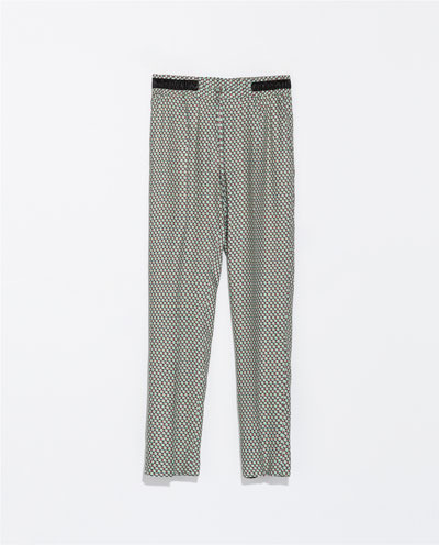 Trousers With Faux Leather Waist - length: standard; waist detail: embellishment at waist/feature waistband; pocket detail: pockets at the sides; waist: mid/regular rise; predominant colour: black; occasions: casual, evening, work, creative work; fibres: viscose/rayon - 100%; fit: straight leg; pattern type: fabric; pattern: patterned/print; texture group: woven light midweight; style: standard; season: s/s 2014