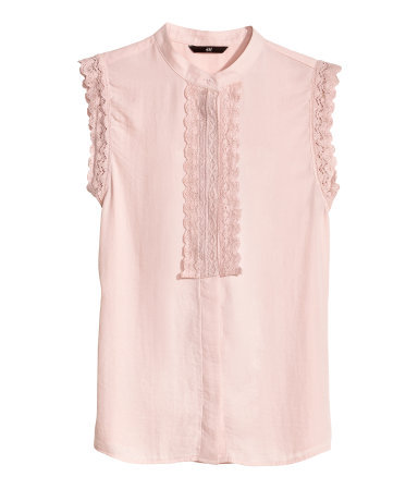 Chiffon Blouse - pattern: plain; sleeve style: sleeveless; style: blouse; predominant colour: blush; occasions: casual, evening, work, holiday, creative work; length: standard; neckline: collarstand; fibres: polyester/polyamide - 100%; fit: straight cut; bust detail: contrast pattern/fabric/detail at bust; sleeve length: sleeveless; texture group: sheer fabrics/chiffon/organza etc.; embellishment: lace; trends: sorbet shades; season: s/s 2014