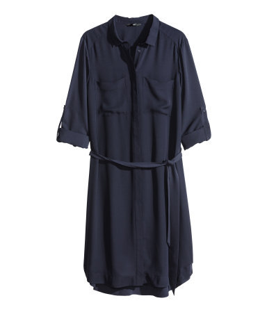 Shirt Dress - style: shirt; neckline: shirt collar/peter pan/zip with opening; fit: loose; pattern: plain; waist detail: belted waist/tie at waist/drawstring; predominant colour: navy; occasions: casual, creative work; length: just above the knee; fibres: polyester/polyamide - 100%; sleeve length: short sleeve; sleeve style: standard; texture group: sheer fabrics/chiffon/organza etc.; pattern type: fabric; season: s/s 2014