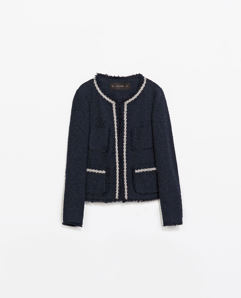 Combined Tweed Jacket - collar: round collar/collarless; style: boxy; pattern: herringbone/tweed; predominant colour: navy; occasions: casual, evening, work, occasion, creative work; length: standard; fit: straight cut (boxy); fibres: cotton - mix; sleeve length: long sleeve; sleeve style: standard; collar break: low/open; pattern type: fabric; pattern size: standard; texture group: tweed - light/midweight; embellishment: beading; season: s/s 2014; wardrobe: highlight; embellishment location: bust, hip