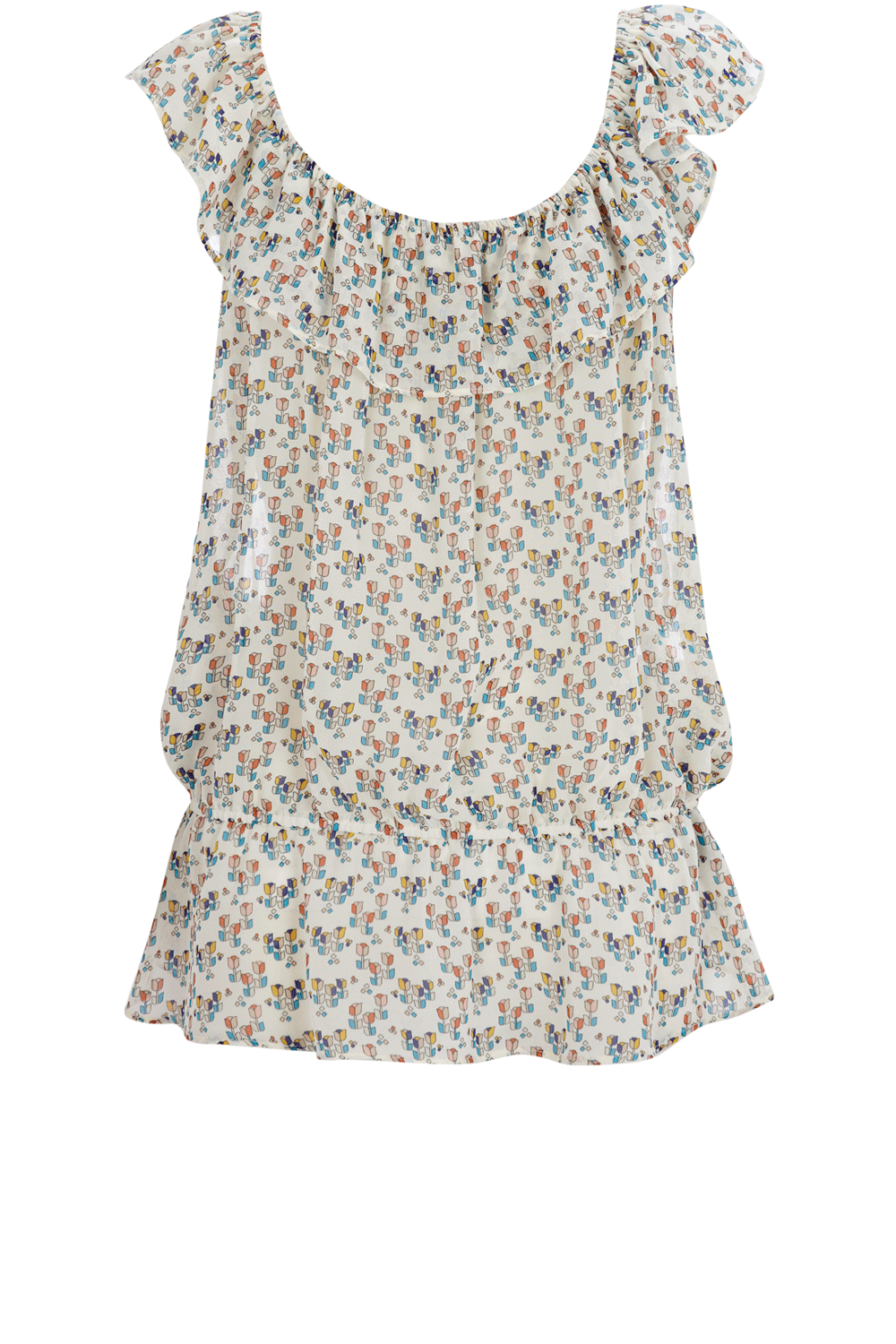 Tulip Print Top - neckline: round neck; sleeve style: sleeveless; pattern: print, floral - light, florals, patterned/print; waist detail: elasticated waist, drop waist; style: blouson; shoulder detail: tiers/frills/ruffles; hip detail: fitted at hip; bust detail: ruching/gathering/draping/layers/pintuck pleats at bust; predominant colour: ivory; occasions: casual; length: standard; trends: prints; fibres: polyester/polyamide - 100%; material texture: jersey; fit: body skimming; sleeve length: sleeveless; pattern type: fabric; pattern size: small & light; texture group: jersey - stretchy/drapey