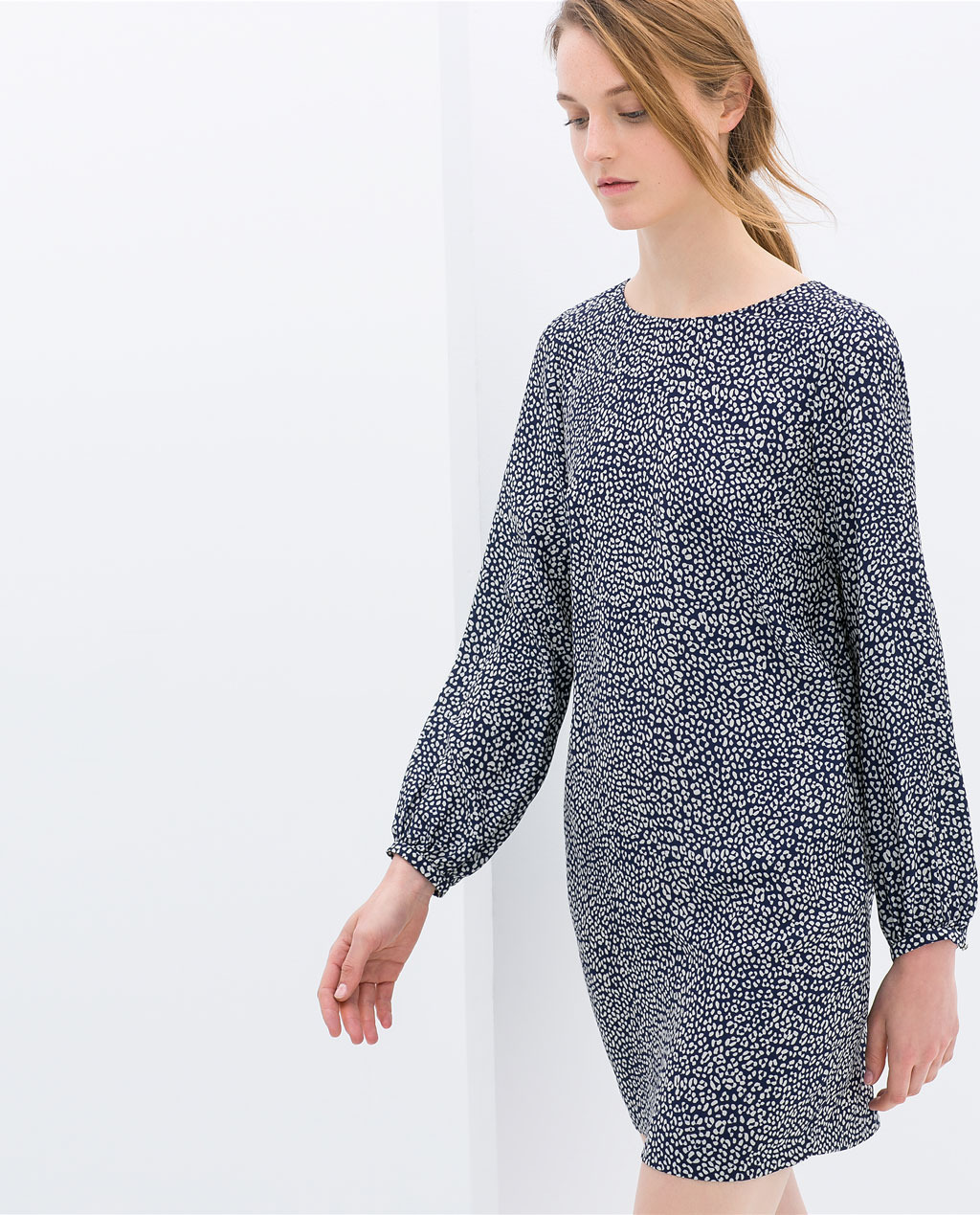 Printed Dress - style: tunic; length: mid thigh; fit: loose; secondary colour: white; predominant colour: navy; occasions: casual, evening, creative work; fibres: polyester/polyamide - 100%; neckline: crew; sleeve length: long sleeve; sleeve style: standard; pattern type: fabric; pattern size: standard; pattern: patterned/print; texture group: woven light midweight; trends: world traveller; season: s/s 2014