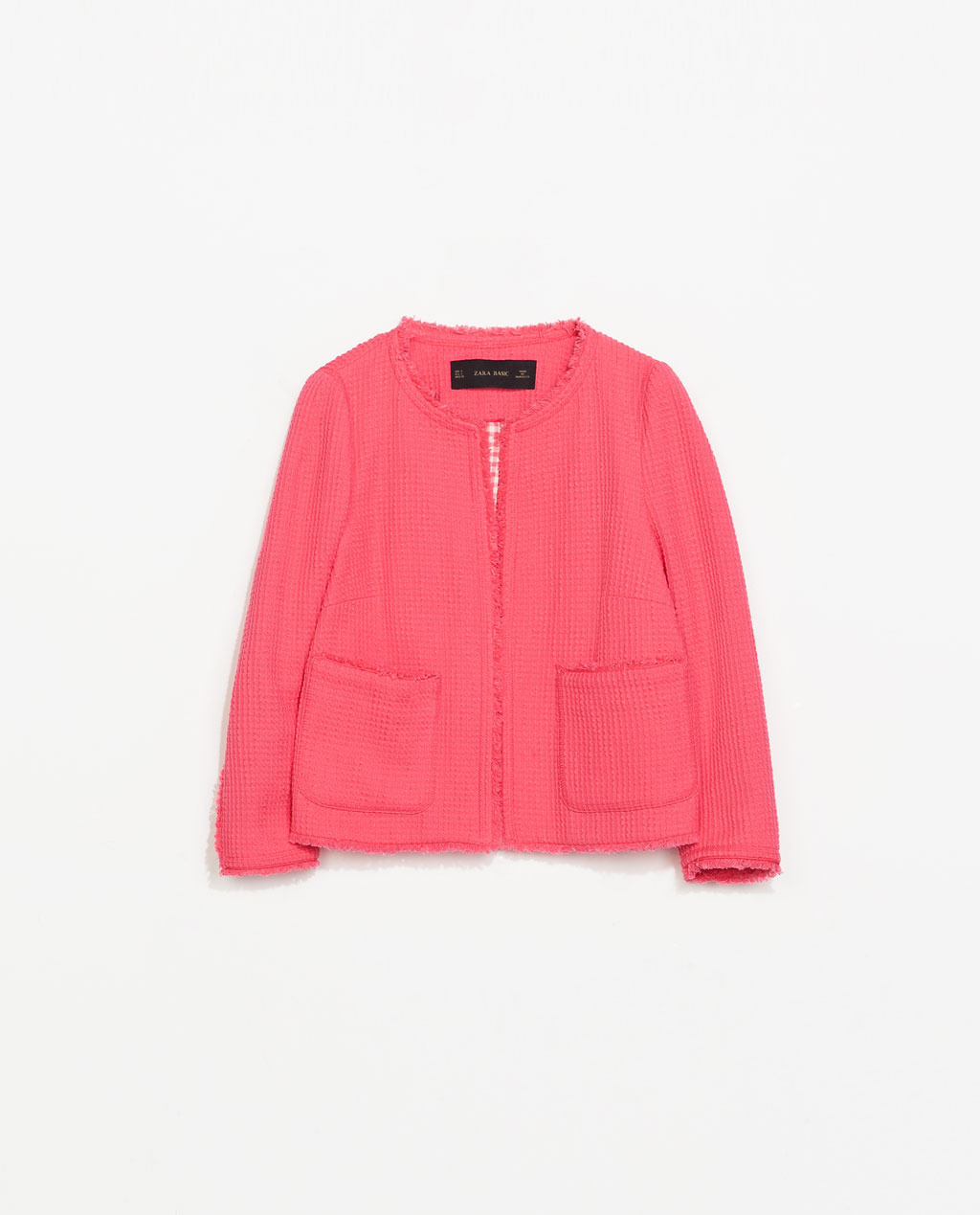 Frayed Structured Jacket - pattern: plain; collar: round collar/collarless; style: boxy; predominant colour: coral; occasions: casual, evening, occasion, creative work; fit: straight cut (boxy); fibres: cotton - 100%; sleeve length: 3/4 length; sleeve style: standard; texture group: cotton feel fabrics; collar break: high/illusion of break when open; pattern type: fabric; trends: hot brights; season: s/s 2014; length: cropped