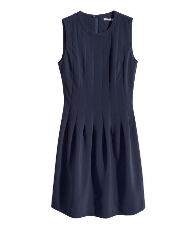 Sleeveless Dress - length: mid thigh; pattern: plain; sleeve style: sleeveless; predominant colour: navy; occasions: casual, occasion, holiday, creative work; fit: fitted at waist & bust; style: fit & flare; fibres: polyester/polyamide - stretch; neckline: crew; hip detail: adds bulk at the hips; sleeve length: sleeveless; texture group: crepes; pattern type: fabric; trends: powerful pleats; season: s/s 2014