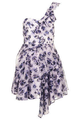 Floral One Shoulder Prom Dress - length: mini; sleeve style: asymmetric sleeve; neckline: asymmetric; predominant colour: lilac; secondary colour: light grey; occasions: evening, occasion; fit: fitted at waist & bust; style: fit & flare; fibres: polyester/polyamide - 100%; sleeve length: short sleeve; texture group: sheer fabrics/chiffon/organza etc.; pattern type: fabric; pattern size: standard; pattern: florals; trends: furious florals; season: s/s 2014