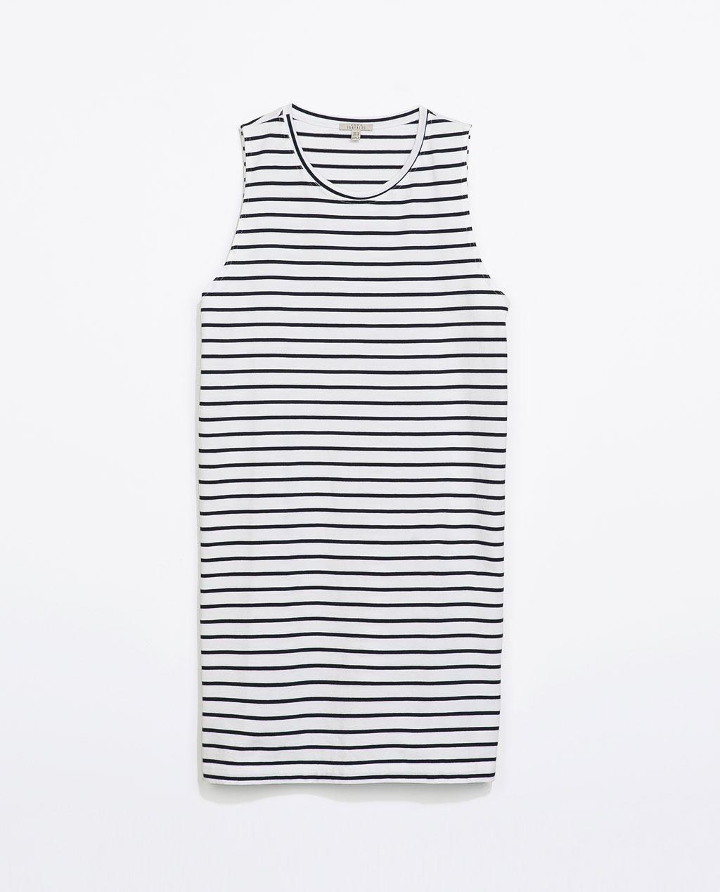 Striped Cotton Dress - length: mid thigh; neckline: round neck; fit: loose; pattern: horizontal stripes; sleeve style: sleeveless; style: sundress; predominant colour: white; secondary colour: black; occasions: casual, holiday; fibres: cotton - 100%; back detail: longer hem at back than at front; sleeve length: sleeveless; pattern type: fabric; pattern size: standard; texture group: jersey - stretchy/drapey; season: s/s 2014; trends: monochrome