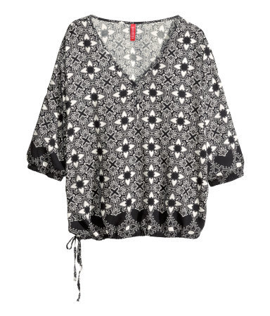 Patterned Blouse - neckline: v-neck; style: blouson; secondary colour: white; predominant colour: black; occasions: casual; length: standard; fibres: viscose/rayon - 100%; fit: loose; sleeve length: 3/4 length; sleeve style: standard; hip detail: ruffles/tiers/tie detail at hip; pattern type: fabric; pattern size: standard; pattern: patterned/print; texture group: woven light midweight; season: s/s 2014; trends: monochrome