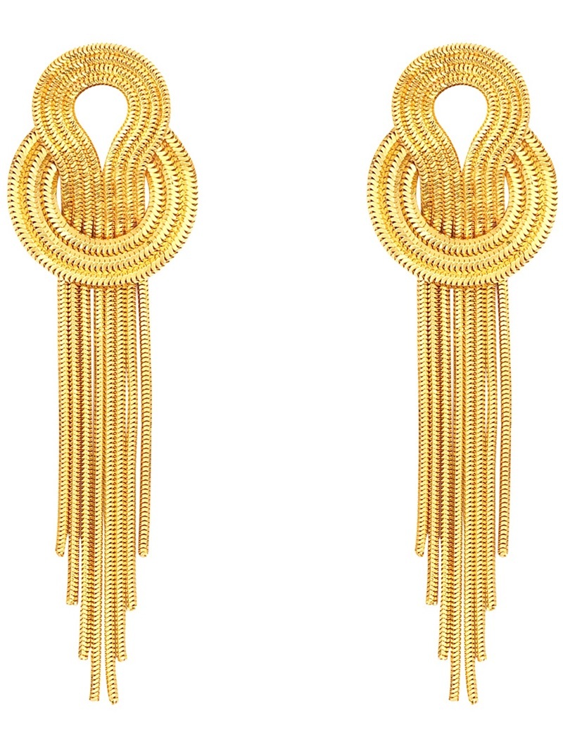 'saturn' Earrings - predominant colour: gold; occasions: evening, occasion; style: drop; length: long; size: large/oversized; material: chain/metal; fastening: pierced; finish: metallic; season: s/s 2014