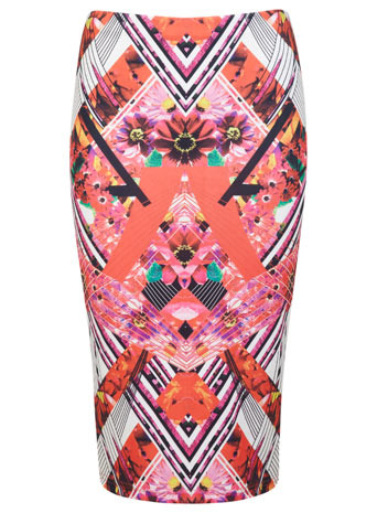 Red Mirror Print Pencil Skirt - length: below the knee; style: pencil; fit: tight; waist: high rise; secondary colour: pink; predominant colour: coral; occasions: casual, evening, work, occasion; fibres: polyester/polyamide - stretch; texture group: jersey - clingy; pattern type: fabric; pattern: florals; trends: hot brights, furious florals, art-party prints; season: s/s 2014; pattern size: big & busy (bottom)
