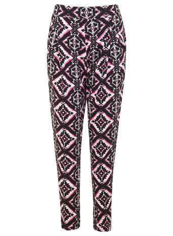 Pink Tile Jogger - length: standard; style: tracksuit pants; pocket detail: pockets at the sides; waist: mid/regular rise; secondary colour: hot pink; predominant colour: black; occasions: casual; fibres: viscose/rayon - stretch; fit: tapered; pattern type: fabric; pattern: patterned/print; texture group: woven light midweight; trends: world traveller; season: s/s 2014; pattern size: big & busy (bottom)