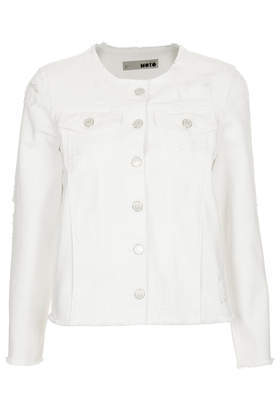Moto Frayed Collarless Jacket - pattern: plain; collar: round collar/collarless; style: denim; predominant colour: white; occasions: casual; length: standard; fit: straight cut (boxy); fibres: cotton - 100%; sleeve length: 3/4 length; sleeve style: standard; texture group: denim; collar break: high; pattern type: fabric; season: s/s 2014