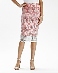 Lace Skirt - length: below the knee; style: pencil; fit: tailored/fitted; waist: high rise; predominant colour: white; secondary colour: pink; occasions: evening, occasion, creative work; fibres: polyester/polyamide - 100%; waist detail: narrow waistband; texture group: lace; pattern type: fabric; pattern: patterned/print; embellishment: lace; trends: lace; season: s/s 2014