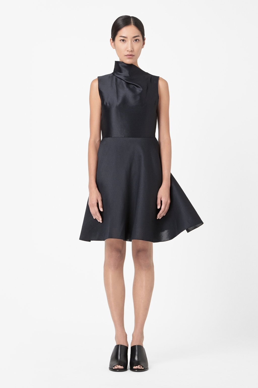 Asymmetric Neckline Dress - pattern: plain; sleeve style: sleeveless; neckline: high neck; style: full skirt; predominant colour: navy; occasions: evening, occasion; length: just above the knee; fit: fitted at waist & bust; fibres: polyester/polyamide - mix; sleeve length: sleeveless; texture group: structured shiny - satin/tafetta/silk etc.; pattern type: fabric; season: s/s 2014
