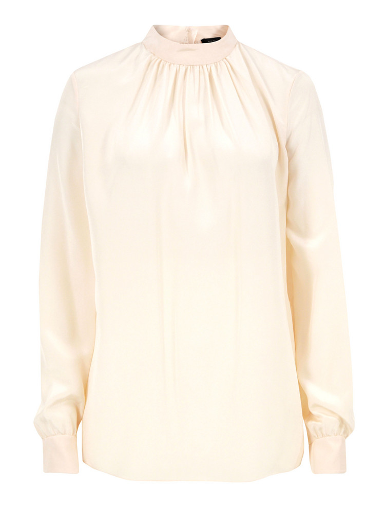 Solferino Pale Pink Shirt - pattern: plain; neckline: high neck; style: shirt; bust detail: ruching/gathering/draping/layers/pintuck pleats at bust; predominant colour: blush; fibres: silk - 100%; sleeve length: long sleeve; sleeve style: standard; pattern type: fabric; pattern size: standard