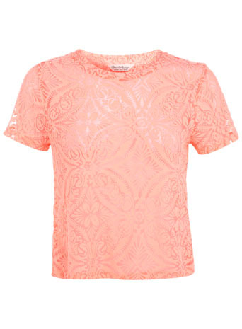 Tile Burnout Top - pattern: plain; back detail: back revealing; predominant colour: coral; occasions: casual, evening, holiday, creative work; length: standard; style: top; fibres: polyester/polyamide - stretch; fit: straight cut; neckline: crew; sleeve length: short sleeve; sleeve style: standard; pattern type: fabric; texture group: other - light to midweight; trends: sorbet shades, lace; season: s/s 2014; pattern size: big & busy (top)