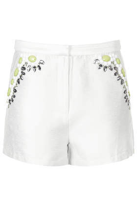 Premium Tropical Shorts - pattern: plain; waist: high rise; predominant colour: white; secondary colour: lime; occasions: casual, evening; pattern type: fabric; texture group: other - light to midweight; embellishment: jewels/stone; fibres: viscose/rayon - mix; season: s/s 2014; style: shorts; length: short shorts; fit: slim leg; wardrobe: highlight; embellishment location: hip