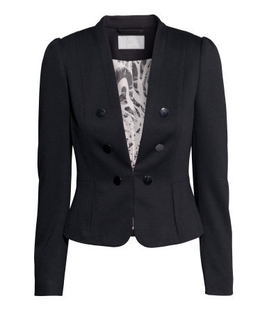 Jersey Jacket - pattern: plain; style: double breasted blazer; collar: round collar/collarless; predominant colour: black; occasions: evening, work, occasion, creative work; length: standard; fit: tailored/fitted; fibres: polyester/polyamide - mix; sleeve length: long sleeve; sleeve style: standard; collar break: medium; pattern type: fabric; texture group: jersey - stretchy/drapey; season: s/s 2014