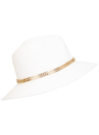 Metral Trim Straw Fedora - predominant colour: white; secondary colour: gold; occasions: casual, holiday; type of pattern: standard; style: sunhat; size: standard; material: macrame/raffia/straw; pattern: plain; embellishment: chain/metal; season: s/s 2014; wardrobe: holiday
