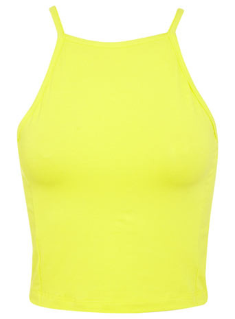 Yellow 90s Square Crop - neckline: high square neck; sleeve style: spaghetti straps; pattern: plain; length: cropped; predominant colour: yellow; occasions: casual, evening; style: top; fibres: cotton - stretch; fit: tight; sleeve length: sleeveless; texture group: jersey - clingy; pattern type: fabric; trends: hot brights; season: s/s 2014