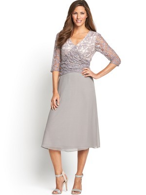 Lace And Ggt Dress, Grey - length: below the knee; neckline: v-neck; pattern: plain; predominant colour: light grey; occasions: evening, occasion; fit: fitted at waist & bust; style: fit & flare; fibres: polyester/polyamide - 100%; sleeve length: 3/4 length; sleeve style: standard; texture group: sheer fabrics/chiffon/organza etc.; pattern type: fabric; embellishment: lace; season: s/s 2014; wardrobe: event; embellishment location: top