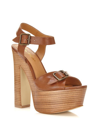 Copenhagen Platform Sandal - predominant colour: tan; occasions: casual, creative work; material: faux leather; embellishment: buckles; ankle detail: ankle strap; heel: block; toe: open toe/peeptoe; style: standard; finish: plain; pattern: plain; heel height: very high; shoe detail: platform; season: s/s 2014