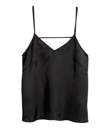 Satin Top - neckline: v-neck; sleeve style: spaghetti straps; pattern: plain; predominant colour: black; occasions: casual, creative work; length: standard; style: top; fibres: polyester/polyamide - 100%; fit: straight cut; sleeve length: sleeveless; texture group: silky - light; pattern type: fabric; season: s/s 2014