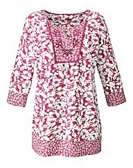 Embellished Cotton Jersey Tunic - bust detail: added detail/embellishment at bust; length: below the bottom; style: tunic; secondary colour: white; occasions: casual; neckline: peep hole neckline; fibres: cotton - 100%; fit: body skimming; sleeve length: 3/4 length; sleeve style: standard; pattern type: fabric; pattern: patterned/print; texture group: jersey - stretchy/drapey; embellishment: sequins; predominant colour: raspberry; season: s/s 2014; pattern size: big & busy (top)