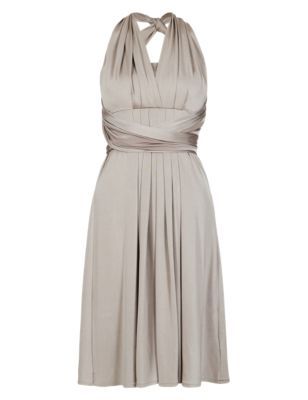 Multiway Bodice Skater Bridesmaid Dress Online Only - neckline: low v-neck; pattern: plain; sleeve style: sleeveless; waist detail: twist front waist detail/nipped in at waist on one side/soft pleats/draping/ruching/gathering waist detail; predominant colour: taupe; occasions: evening, occasion; length: just above the knee; fit: fitted at waist & bust; style: fit & flare; fibres: polyester/polyamide - stretch; sleeve length: sleeveless; pattern type: fabric; texture group: jersey - stretchy/drapey; season: s/s 2014