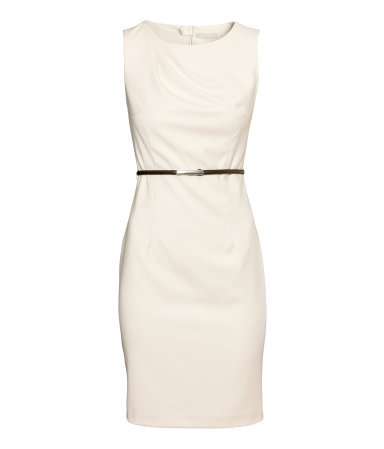 Figure Fit Dress - style: shift; fit: tailored/fitted; pattern: plain; sleeve style: sleeveless; waist detail: belted waist/tie at waist/drawstring; predominant colour: ivory/cream; occasions: casual, evening, work; length: just above the knee; fibres: polyester/polyamide - mix; neckline: crew; sleeve length: sleeveless; pattern type: fabric; texture group: woven light midweight; season: s/s 2014