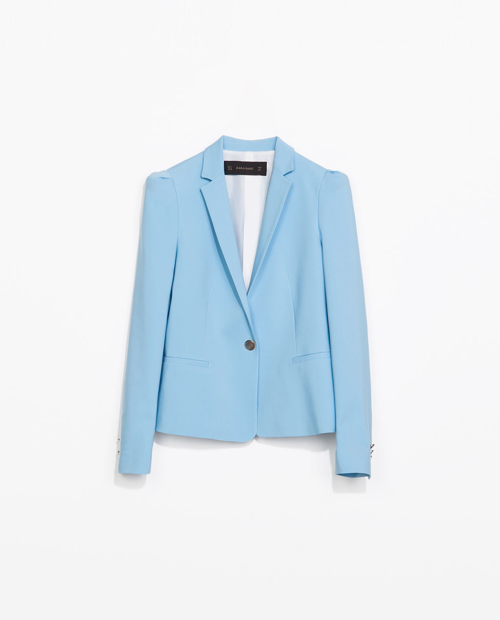 Fabric Blazer - pattern: plain; style: single breasted blazer; collar: standard lapel/rever collar; predominant colour: pale blue; occasions: casual, work, creative work; length: standard; fit: tailored/fitted; fibres: polyester/polyamide - stretch; sleeve length: long sleeve; sleeve style: standard; collar break: medium; pattern type: fabric; texture group: other - light to midweight; trends: sorbet shades; season: s/s 2014