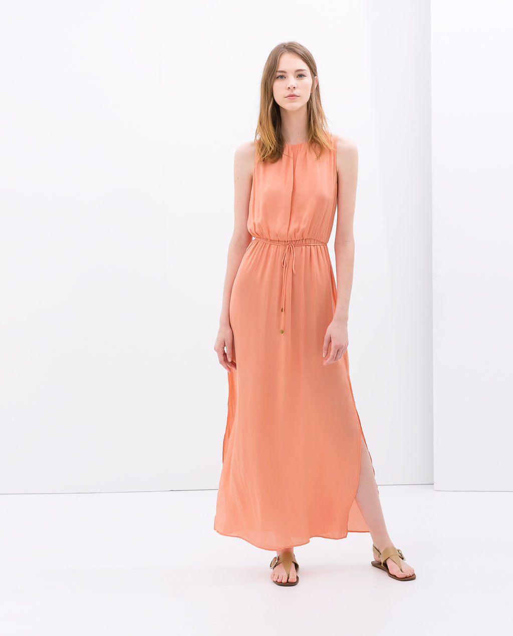 Maxi Dress With Belt - fit: fitted at waist; pattern: plain; sleeve style: sleeveless; style: maxi dress; length: ankle length; waist detail: belted waist/tie at waist/drawstring; predominant colour: bright orange; occasions: casual, holiday; fibres: polyester/polyamide - 100%; neckline: crew; hip detail: slits at hip; sleeve length: sleeveless; texture group: sheer fabrics/chiffon/organza etc.; pattern type: fabric; season: s/s 2014