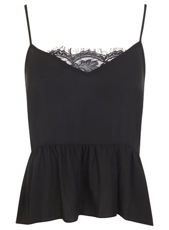 Black Peplum Cami - sleeve style: spaghetti straps; pattern: plain; style: camisole; waist detail: peplum waist detail; predominant colour: black; occasions: casual, creative work; length: standard; fibres: polyester/polyamide - 100%; fit: body skimming; bust detail: contrast pattern/fabric/detail at bust; sleeve length: sleeveless; neckline: medium square neck; texture group: other - light to midweight; embellishment: lace; season: s/s 2014