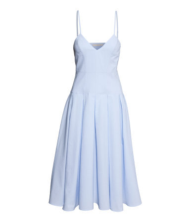 Cotton Dress - length: calf length; neckline: v-neck; sleeve style: spaghetti straps; pattern: plain; predominant colour: pale blue; occasions: casual, occasion; fit: fitted at waist & bust; style: fit & flare; fibres: cotton - 100%; hip detail: adds bulk at the hips; sleeve length: sleeveless; texture group: cotton feel fabrics; pattern type: fabric; season: s/s 2014