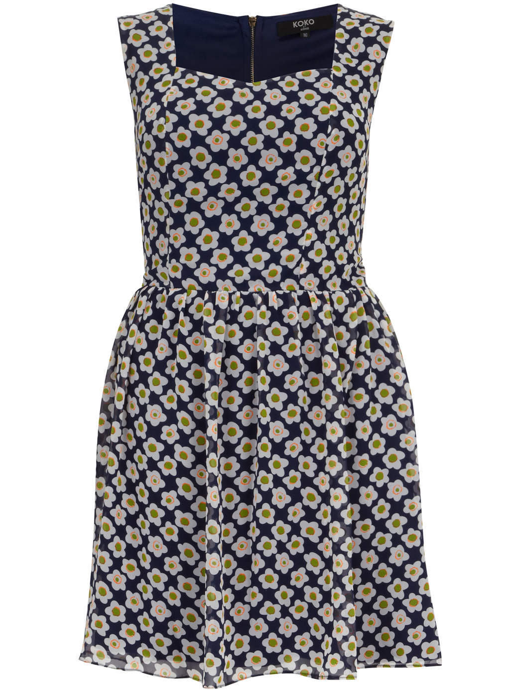 Koko Koko Blue Daisy Print Skater Dress - length: mid thigh; sleeve style: sleeveless; predominant colour: navy; secondary colour: khaki; occasions: casual, creative work; fit: fitted at waist & bust; style: fit & flare; fibres: polyester/polyamide - 100%; hip detail: subtle/flattering hip detail; sleeve length: sleeveless; texture group: sheer fabrics/chiffon/organza etc.; neckline: low square neck; pattern type: fabric; pattern size: standard; pattern: florals; season: s/s 2014