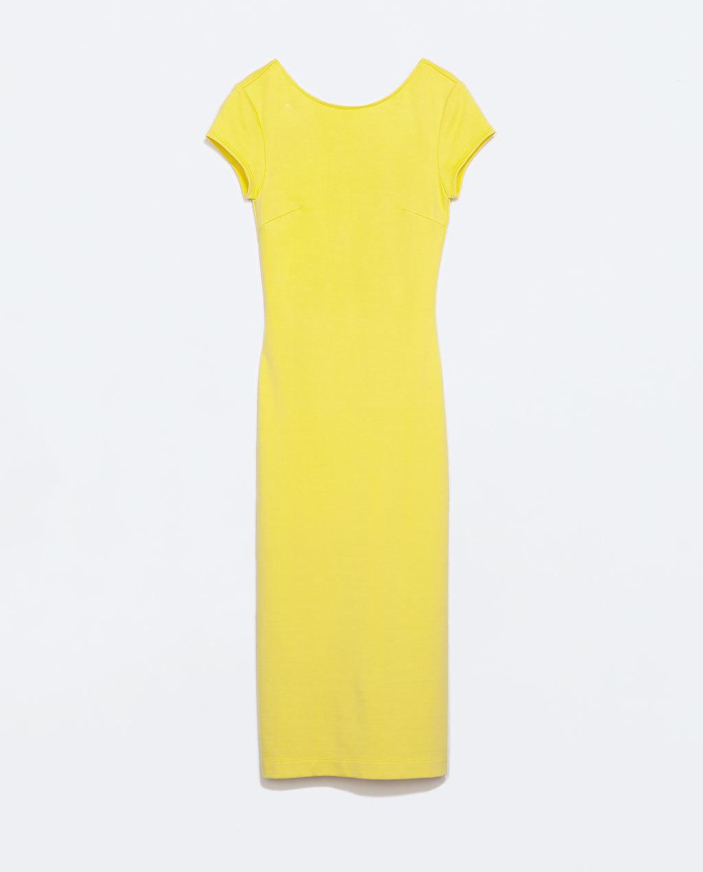 Long Shift Dress - style: shift; length: calf length; neckline: slash/boat neckline; sleeve style: capped; pattern: plain; predominant colour: yellow; occasions: casual, evening, creative work; fit: body skimming; fibres: viscose/rayon - stretch; sleeve length: sleeveless; texture group: jersey - clingy; pattern type: fabric; trends: hot brights; season: s/s 2014