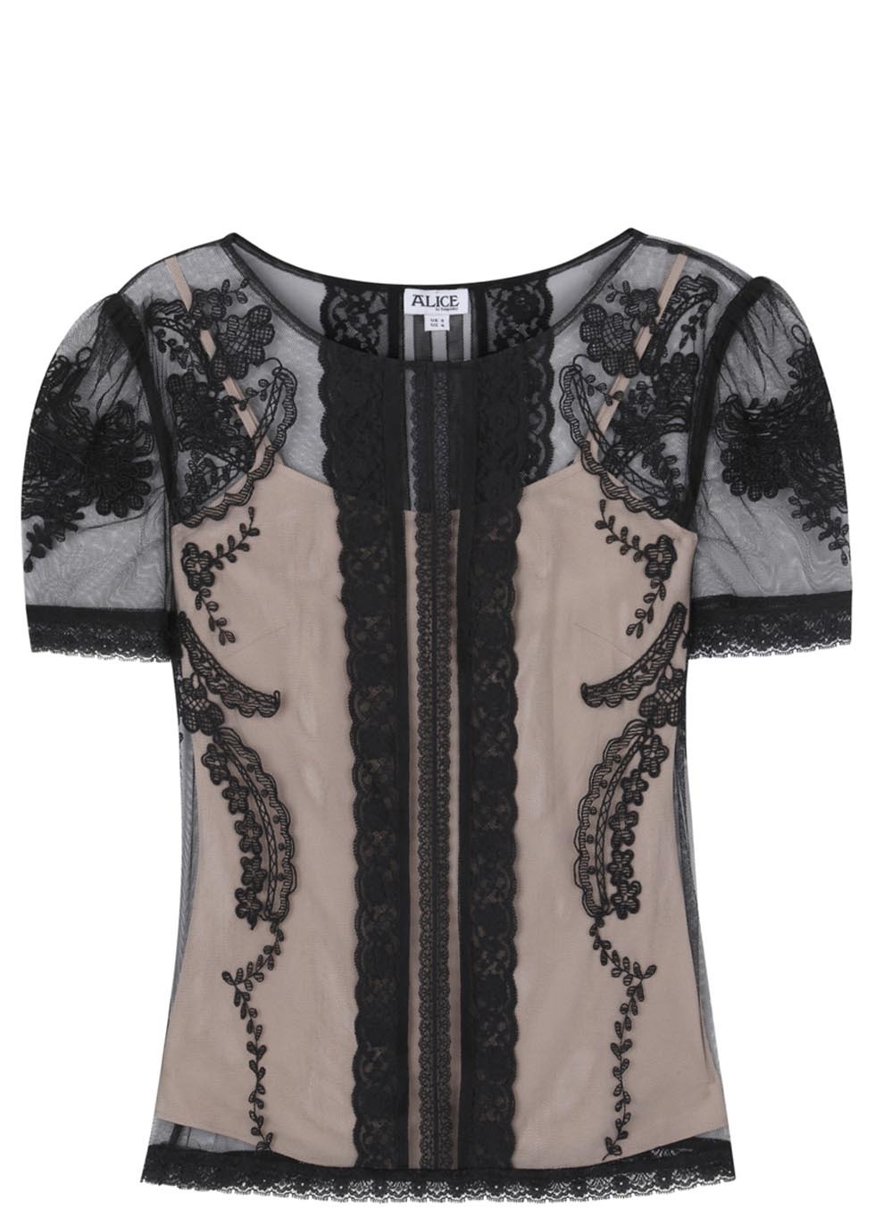 Black Botanical Lace Top Size - neckline: round neck; pattern: plain; secondary colour: nude; predominant colour: black; occasions: evening, creative work; length: standard; style: top; fibres: polyester/polyamide - 100%; fit: straight cut; sleeve length: short sleeve; sleeve style: standard; texture group: sheer fabrics/chiffon/organza etc.; pattern type: fabric; trends: lace; season: s/s 2014