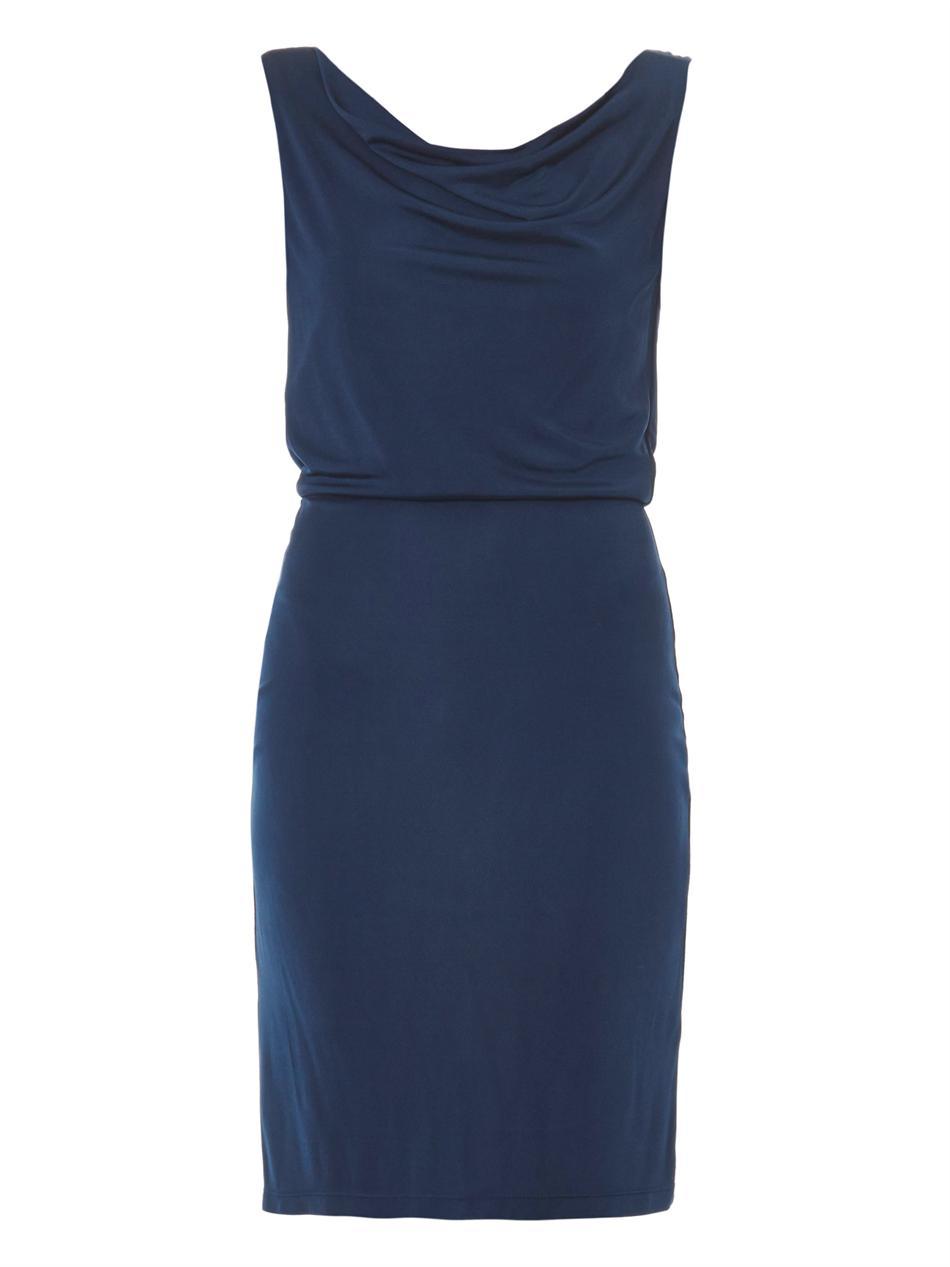 Amber Sleeveless Dress - style: shift; neckline: cowl/draped neck; pattern: plain; sleeve style: sleeveless; back detail: cowl/draping/scoop at back; bust detail: ruching/gathering/draping/layers/pintuck pleats at bust; predominant colour: navy; occasions: casual, occasion; length: just above the knee; fit: body skimming; fibres: viscose/rayon - stretch; sleeve length: sleeveless; pattern type: fabric; texture group: jersey - stretchy/drapey; season: s/s 2014