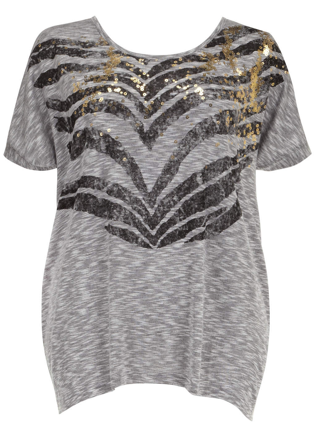Junarose Grey Zip Back Motif Top - neckline: round neck; length: below the bottom; style: t-shirt; secondary colour: mid grey; predominant colour: light grey; occasions: casual, creative work; fibres: polyester/polyamide - mix; fit: loose; sleeve length: short sleeve; sleeve style: standard; pattern type: fabric; pattern: patterned/print; texture group: jersey - stretchy/drapey; embellishment: sequins; season: s/s 2014; pattern size: big & busy (top)