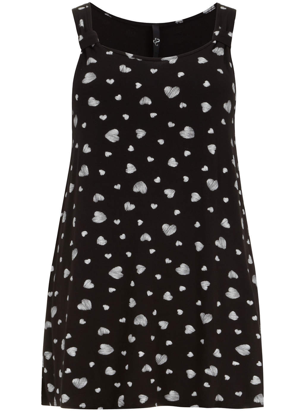 Black & White Heart Print Knot Vest - neckline: round neck; sleeve style: sleeveless; length: below the bottom; style: vest top; secondary colour: white; predominant colour: black; occasions: casual; fibres: viscose/rayon - stretch; fit: body skimming; sleeve length: sleeveless; pattern type: fabric; pattern: patterned/print; texture group: jersey - stretchy/drapey; season: s/s 2014; trends: monochrome; pattern size: big & busy (top)