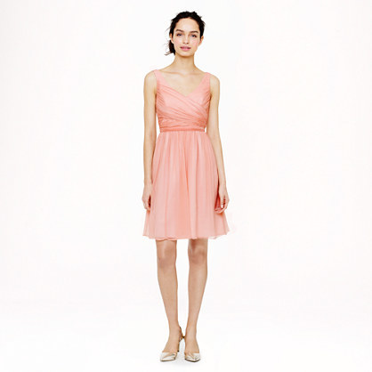 Heidi Dress In Silk Chiffon - neckline: low v-neck; pattern: plain; sleeve style: sleeveless; waist detail: fitted waist; bust detail: ruching/gathering/draping/layers/pintuck pleats at bust; predominant colour: blush; occasions: evening, occasion; length: just above the knee; fit: fitted at waist & bust; style: fit & flare; fibres: silk - 100%; hip detail: soft pleats at hip/draping at hip/flared at hip; sleeve length: sleeveless; texture group: sheer fabrics/chiffon/organza etc.; season: s/s 2014