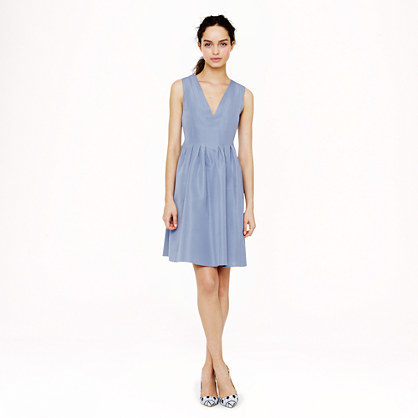 Sophie Dress In Classic Faille - neckline: low v-neck; pattern: plain; sleeve style: sleeveless; predominant colour: pale blue; occasions: casual, evening, occasion, creative work; length: just above the knee; fit: fitted at waist & bust; style: fit & flare; fibres: cotton - mix; hip detail: soft pleats at hip/draping at hip/flared at hip; sleeve length: sleeveless; texture group: cotton feel fabrics; pattern type: fabric; trends: sorbet shades; season: s/s 2014