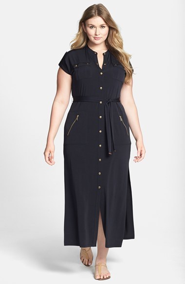 Cap Sleeve Matte Jersey Maxi Shirtdress (Plus Size) - sleeve style: capped; pattern: plain; style: maxi dress; length: ankle length; hip detail: draws attention to hips; waist detail: belted waist/tie at waist/drawstring; bust detail: subtle bust detail; predominant colour: navy; occasions: casual, creative work; fit: body skimming; neckline: collarstand; fibres: polyester/polyamide - stretch; sleeve length: short sleeve; pattern type: fabric; texture group: jersey - stretchy/drapey; season: s/s 2014; wardrobe: basic; embellishment location: hip