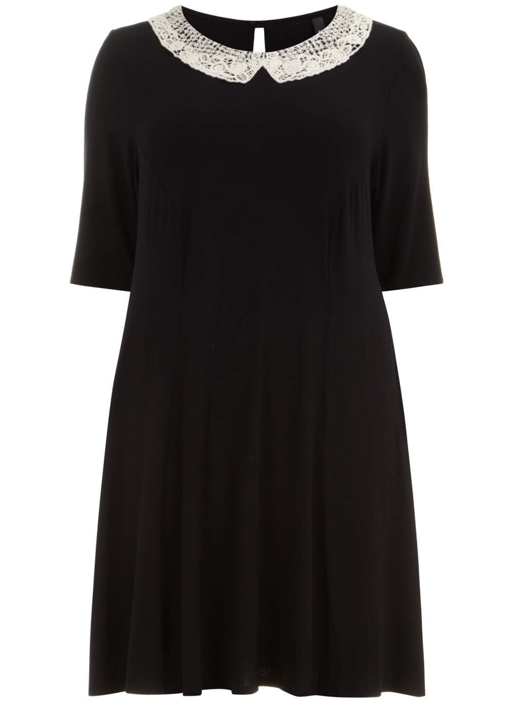 Black Jersey Swing Dress - style: smock; fit: loose; pattern: plain; predominant colour: black; occasions: casual, creative work; length: just above the knee; fibres: viscose/rayon - stretch; neckline: no opening/shirt collar/peter pan; hip detail: subtle/flattering hip detail; back detail: keyhole/peephole detail at back; sleeve length: half sleeve; sleeve style: standard; pattern type: fabric; texture group: jersey - stretchy/drapey; embellishment: lace; season: s/s 2014; wardrobe: highlight; embellishment location: neck