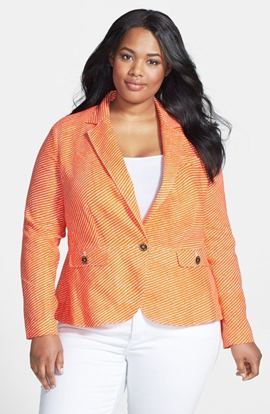 One Button Stripe Linen Peplum Jacket (Plus Size) - style: single breasted blazer; pattern: striped; collar: standard lapel/rever collar; predominant colour: bright orange; occasions: casual, creative work; length: standard; fit: tailored/fitted; fibres: linen - 100%; sleeve length: long sleeve; sleeve style: standard; texture group: linen; collar break: medium; trends: hot brights; season: s/s 2014